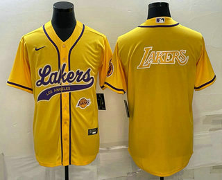 Men%27s Los Angeles Lakers Yellow Big Logo With Patch Cool Base Stitched Baseball Jerseys
